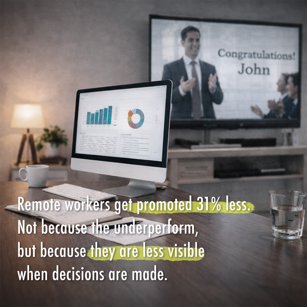 Remote workers get promoted 31% less. Not because the underperform, but because they are less visible when decisions are made.