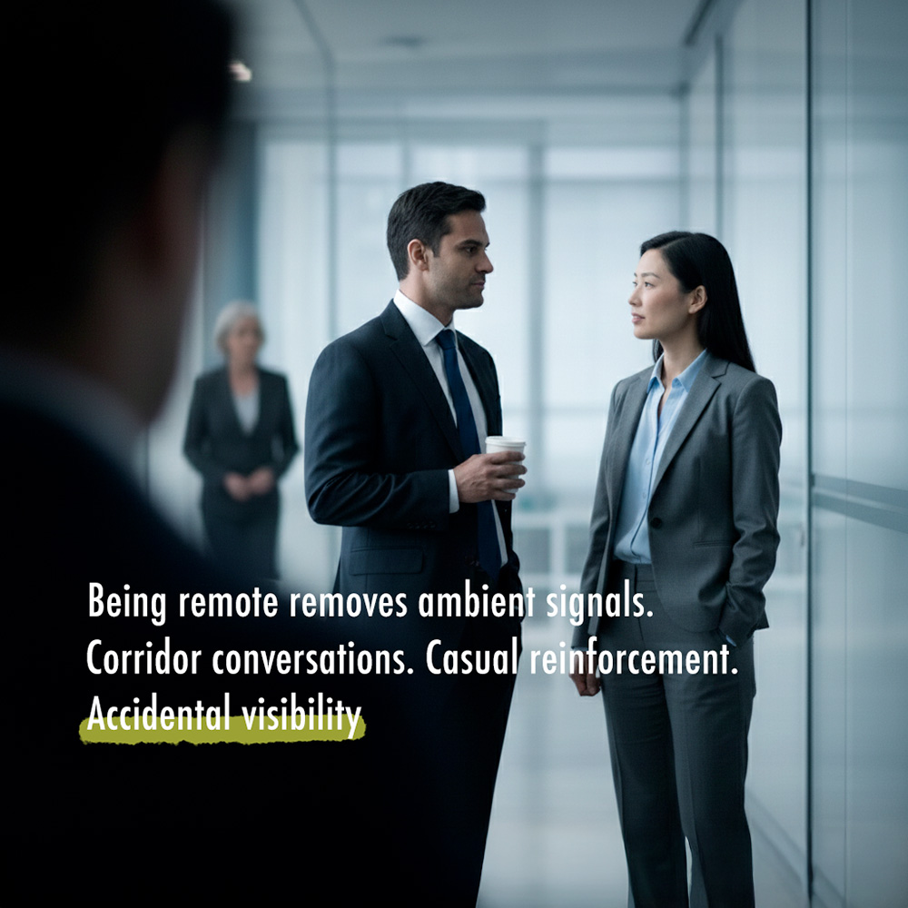 Being remote removes ambient signals. Corridor conversations. Casual reinforcement. Accidental visibility