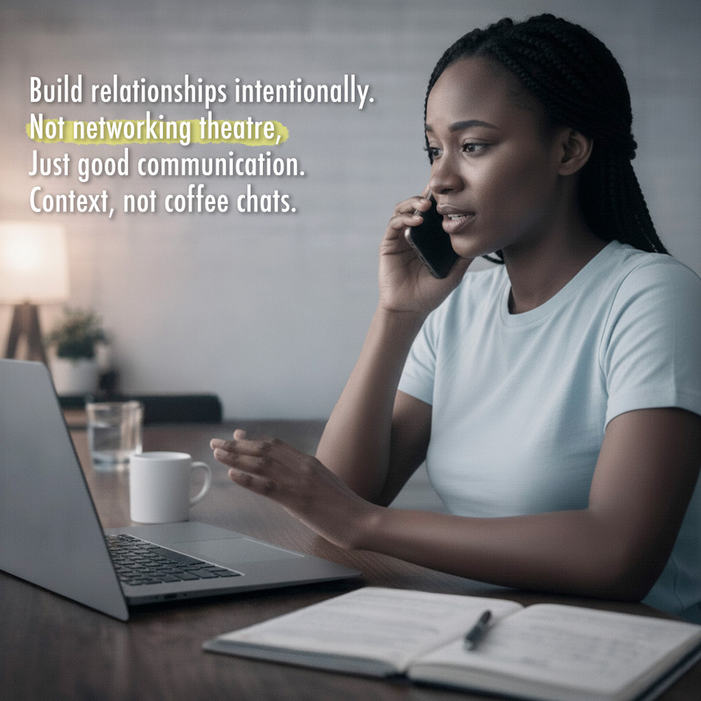 Build relationships intentionally. Not networking theatre, Just good communication. Context, not coffee chats.